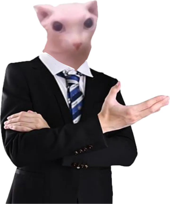 A hairless cat in a business suit, gesturing at the sign-up window like it's a quarterly slide